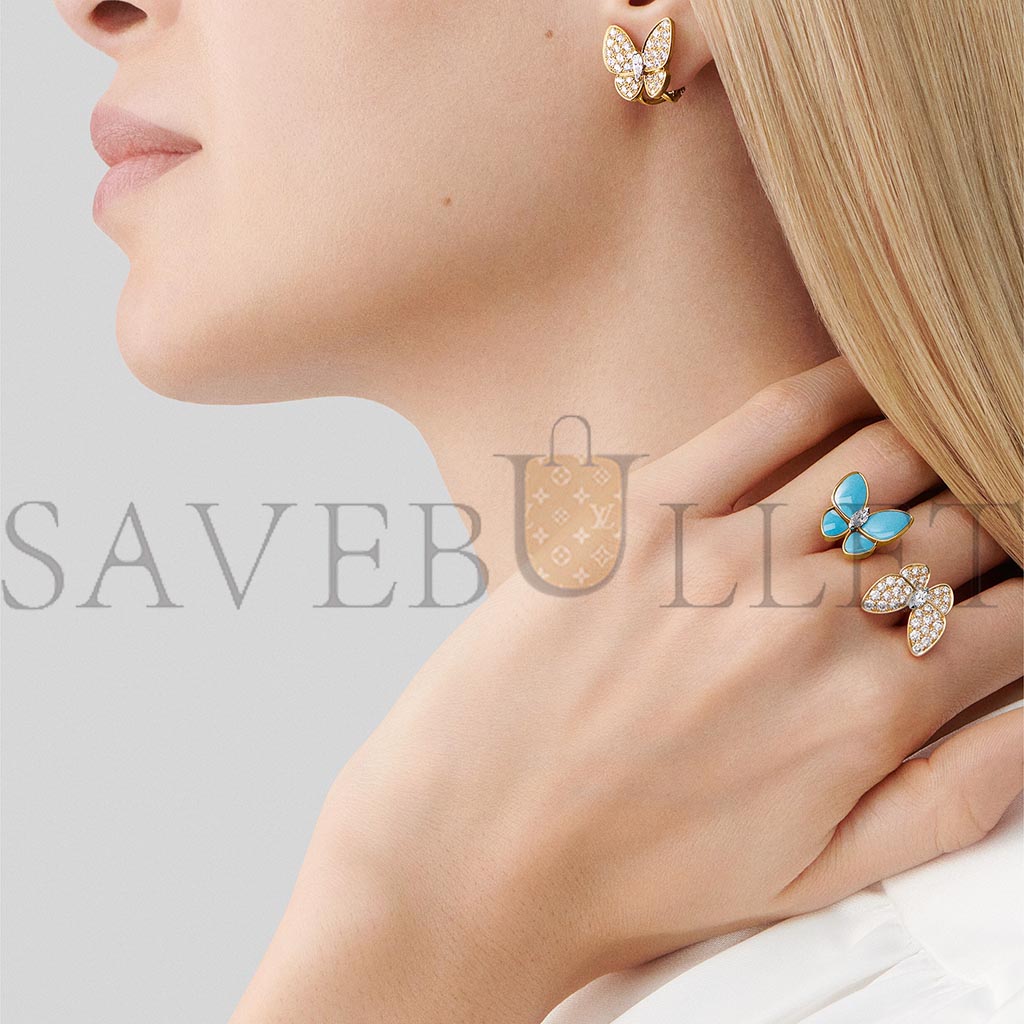 VAN CLEEF ARPELS TWO BUTTERFLY BETWEEN THE FINGER RING - YELLOW GOLD, DIAMOND, TURQUOISE  VCARP7UZ00